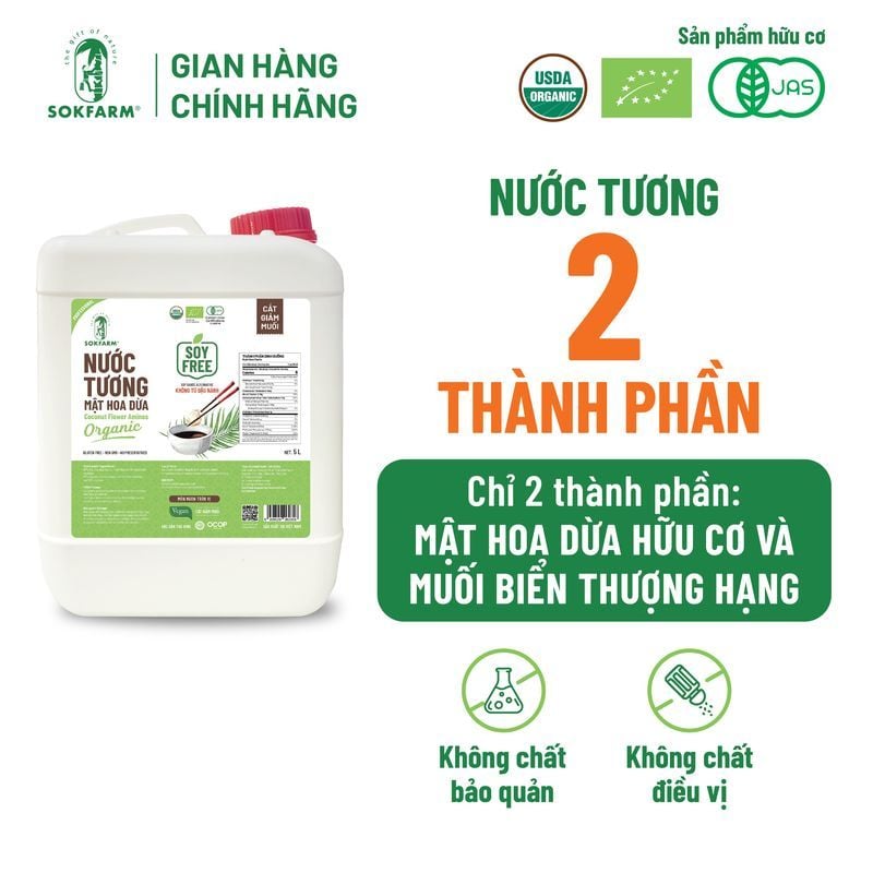 Nước tương mật hoa dừa Organic Sokfarm 5 lít - Dòng ít muối