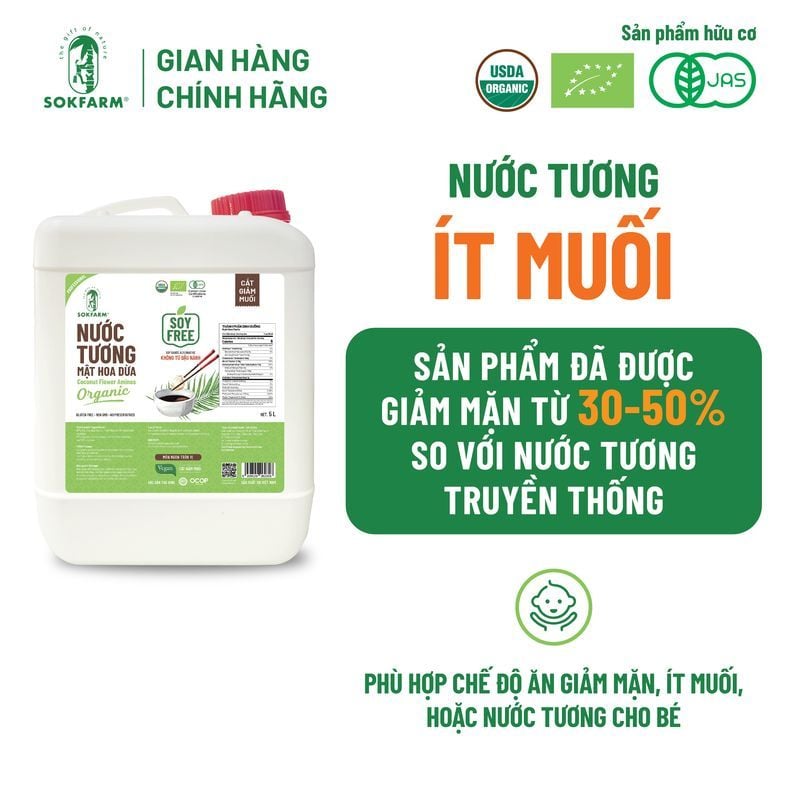 Nước tương mật hoa dừa Organic Sokfarm 5 lít - Dòng ít muối