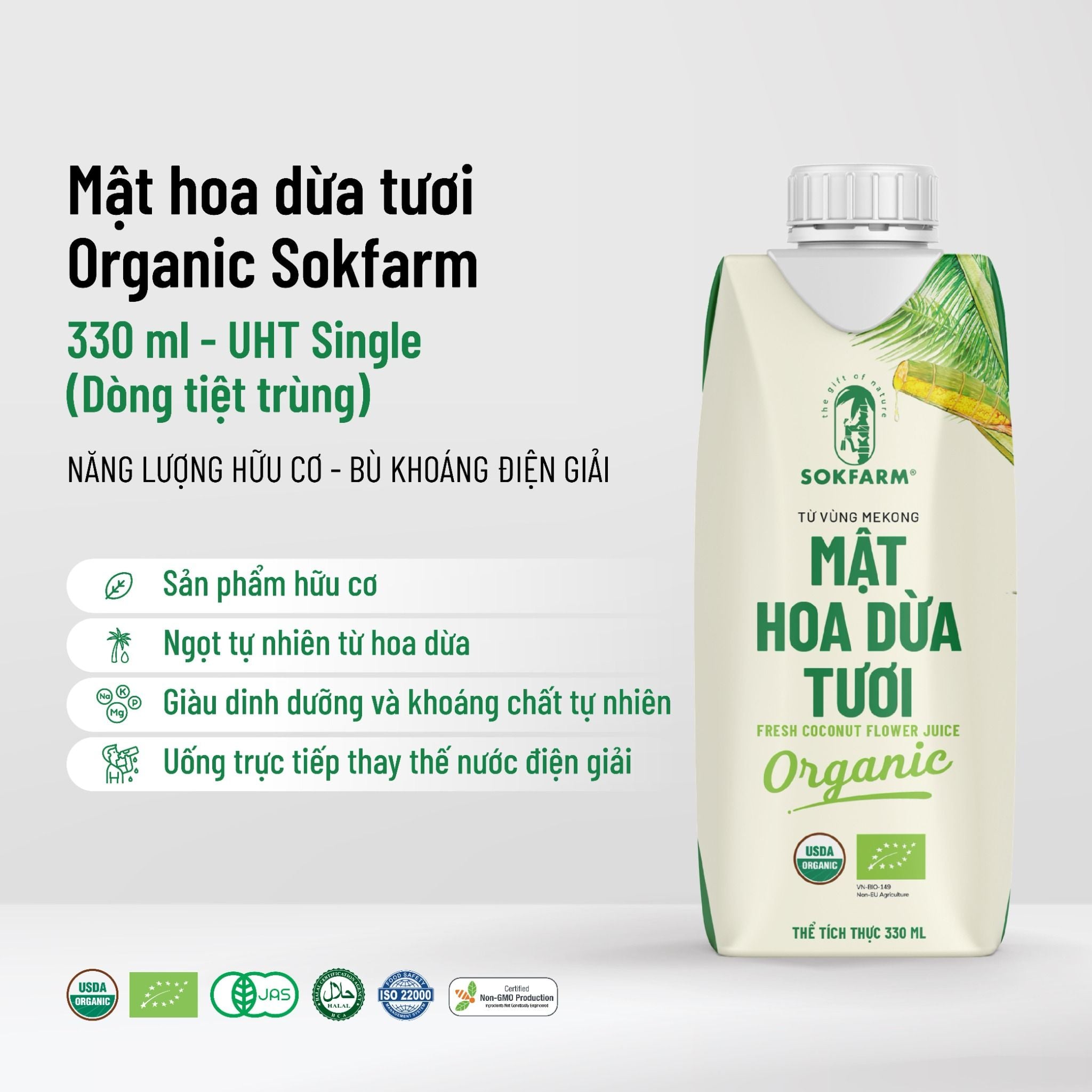 Mật hoa dừa tươi Organic Sokfarm 330ml - UHT Single