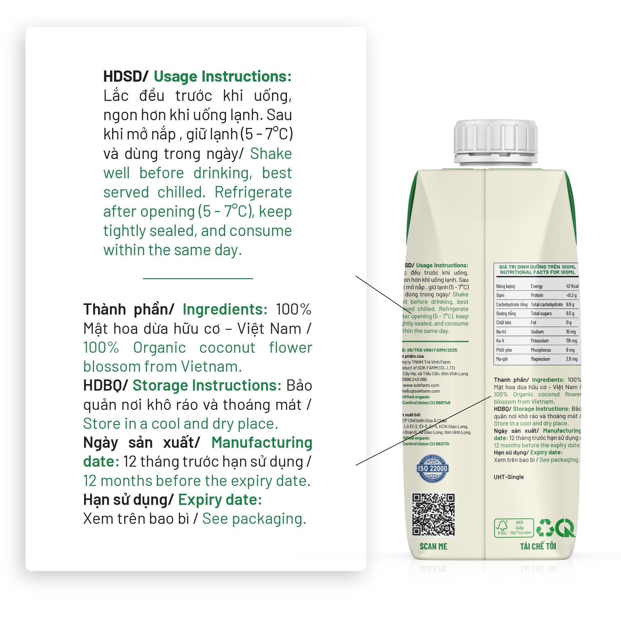 Mật hoa dừa tươi Organic Sokfarm 330ml - UHT Single