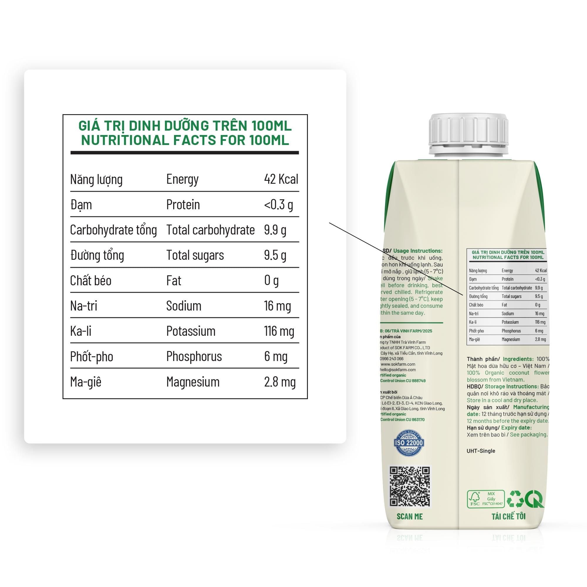 Mật hoa dừa tươi Organic Sokfarm 330ml - UHT Single