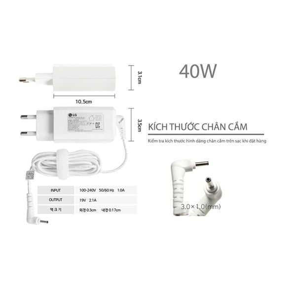  Sạc LG 40W 19V 2.1A chân 3.0x1.1 hình vuông chuẩn EU & 13Z970 13Z980 13Z940 (ORG +) 