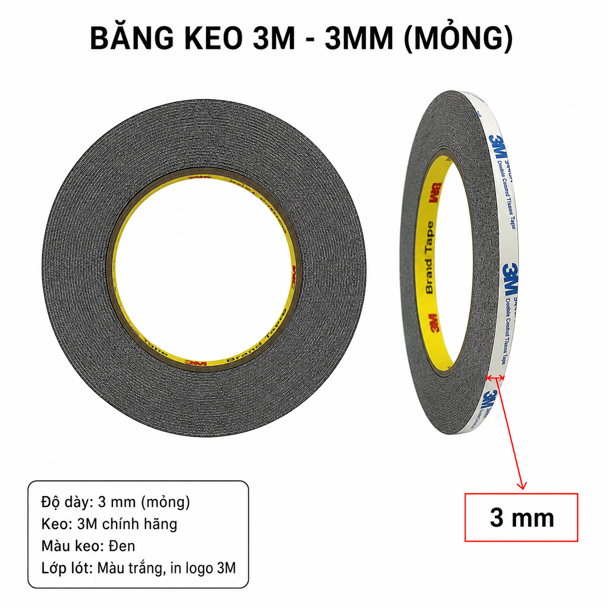  Băng dính 2 mặt 3M keo đen kích thước 3mm x 0.07mm x 10m 