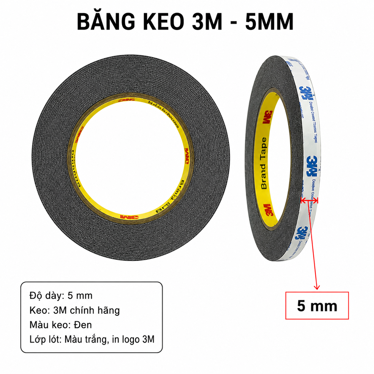  Băng dính 2 mặt 3M keo đen kích thước 5mm x 0.07mm x 10m 