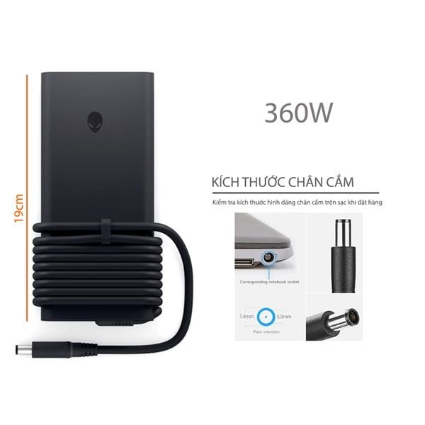  Sạc Dell 360W 19.5V 18.46A chân 7.4x5.0 kim to hình Oval & Alienware M18 R2 X16 R2 LA360PM230 DA360PM230 HA360PM230 DP/N: 0Y7YW7 07TMR6 0NN34T (ORG +) 