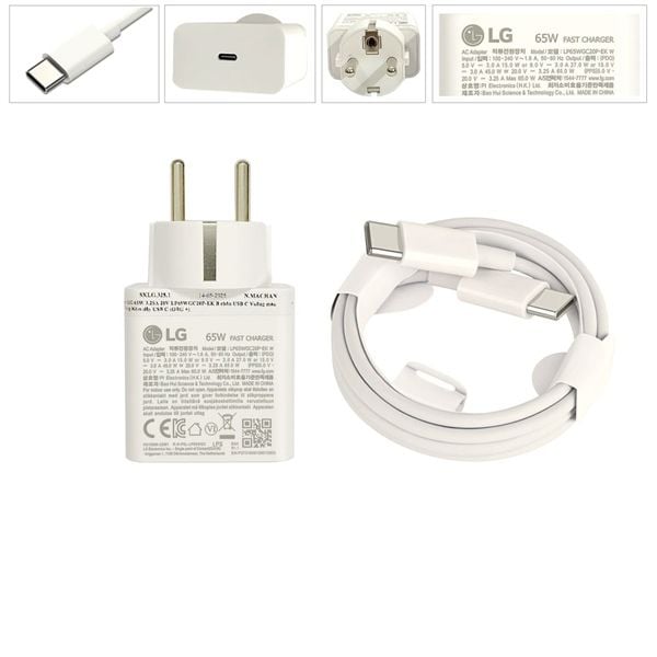 Sạc LG 65W 3.25A 20V chân Usb C hình vuông màu trắng Kèm cáp &LP65WGC20P-EK B (ORG +) 