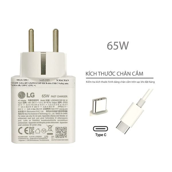  Sạc LG 65W 3.25A 20V chân Usb C hình vuông màu trắng Kèm cáp &LP65WGC20P-EK B (ORG +) 