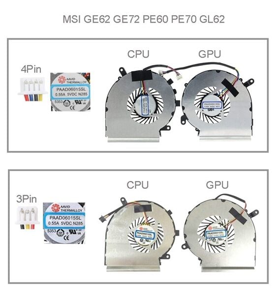  Quạt MSI GE Raider GE62 PAD06015SL N366 5V 0,55A 4 chân CPU & PE60 PE70 GL62 MS-1795 MS-1791 MS-16J2 (ORG +) 