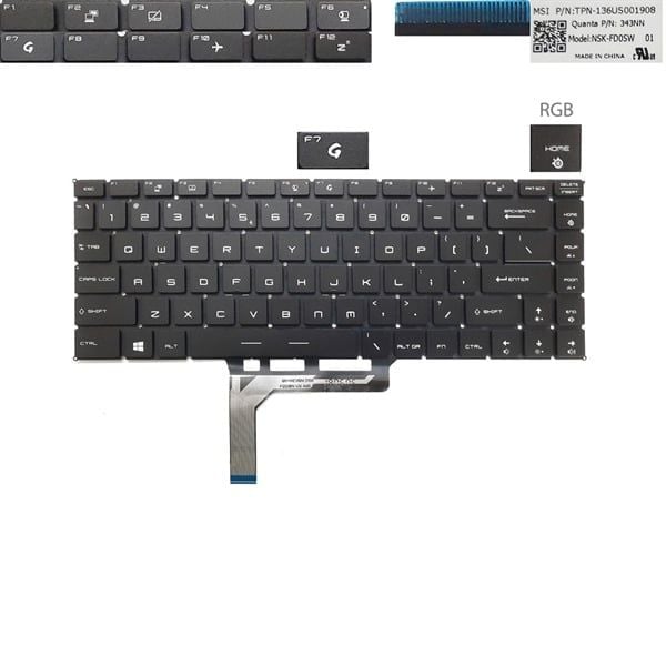 Bàn phím MSI GS Stealth Gaming GS65 9Z.NEVBN.B1D US Phím đen Chữ trắng Đèn RGB Không khung & Stealth Thin 8RE 8RF (ORG +) 