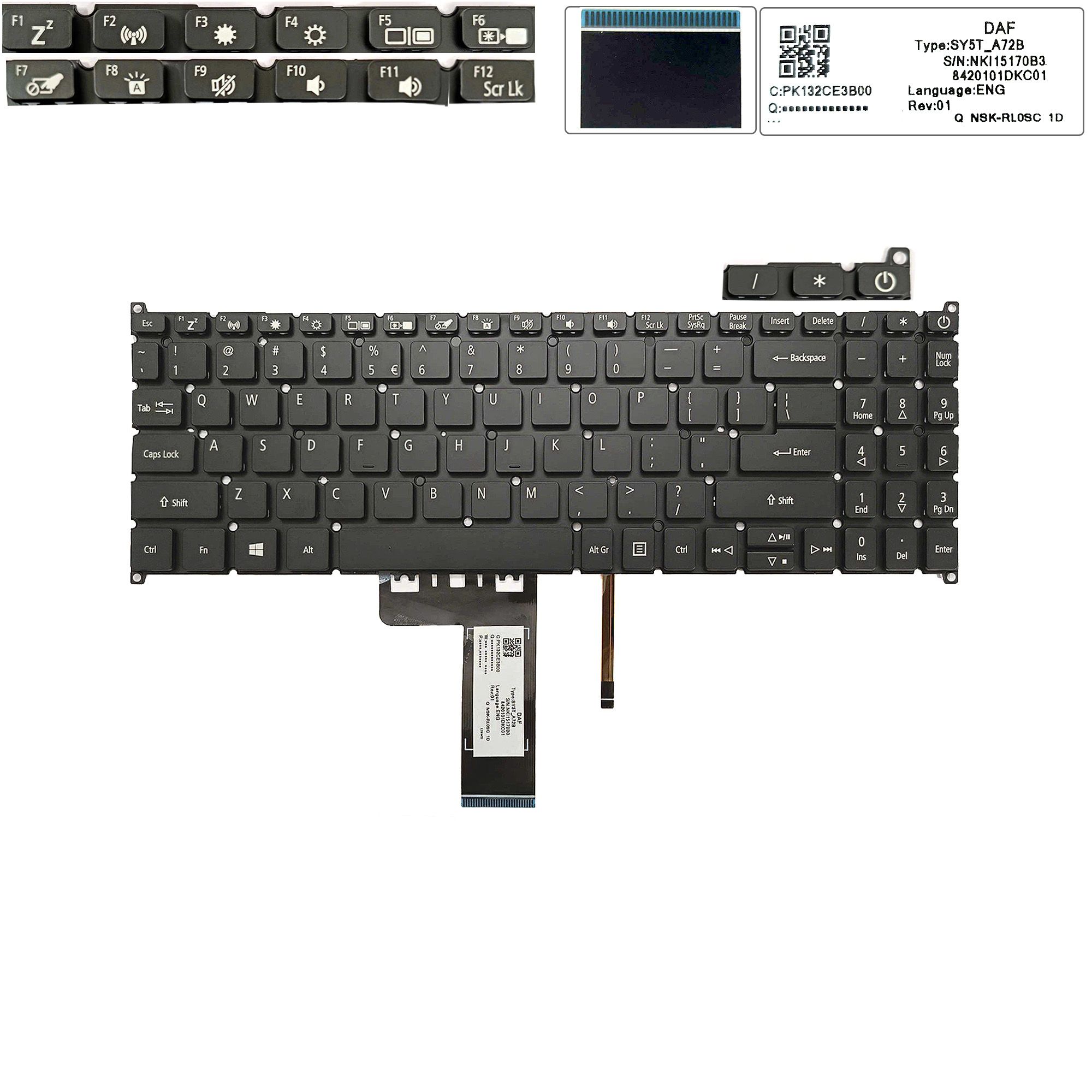  Bàn phím Acer Swift 3 SF315 41G NKI15170B3 US Phím đen Chữ trắng Đèn Số Nút nguồn Không khung & Swift 3 SF315 51G 52G (ORG +) 