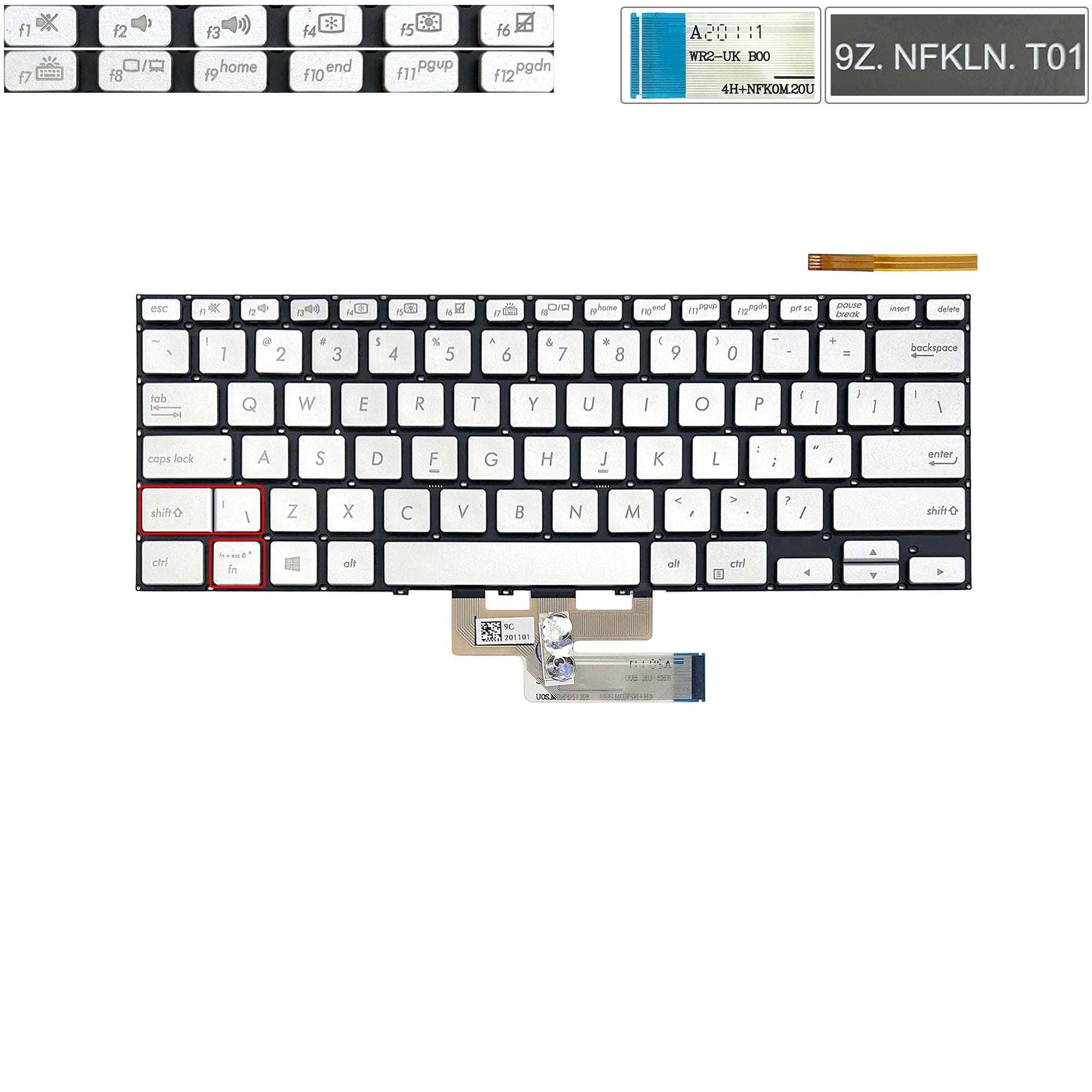 Bàn phím Asus ZenBook Flip 14 UX462 UK 9Z.NFKLN.T01 Phím bạc Chữ trắng Đèn Không khung & ZenBook Flip 14 UX462 UX462D UX462DA UX462FA UM462 UM462DA (ORG +) 