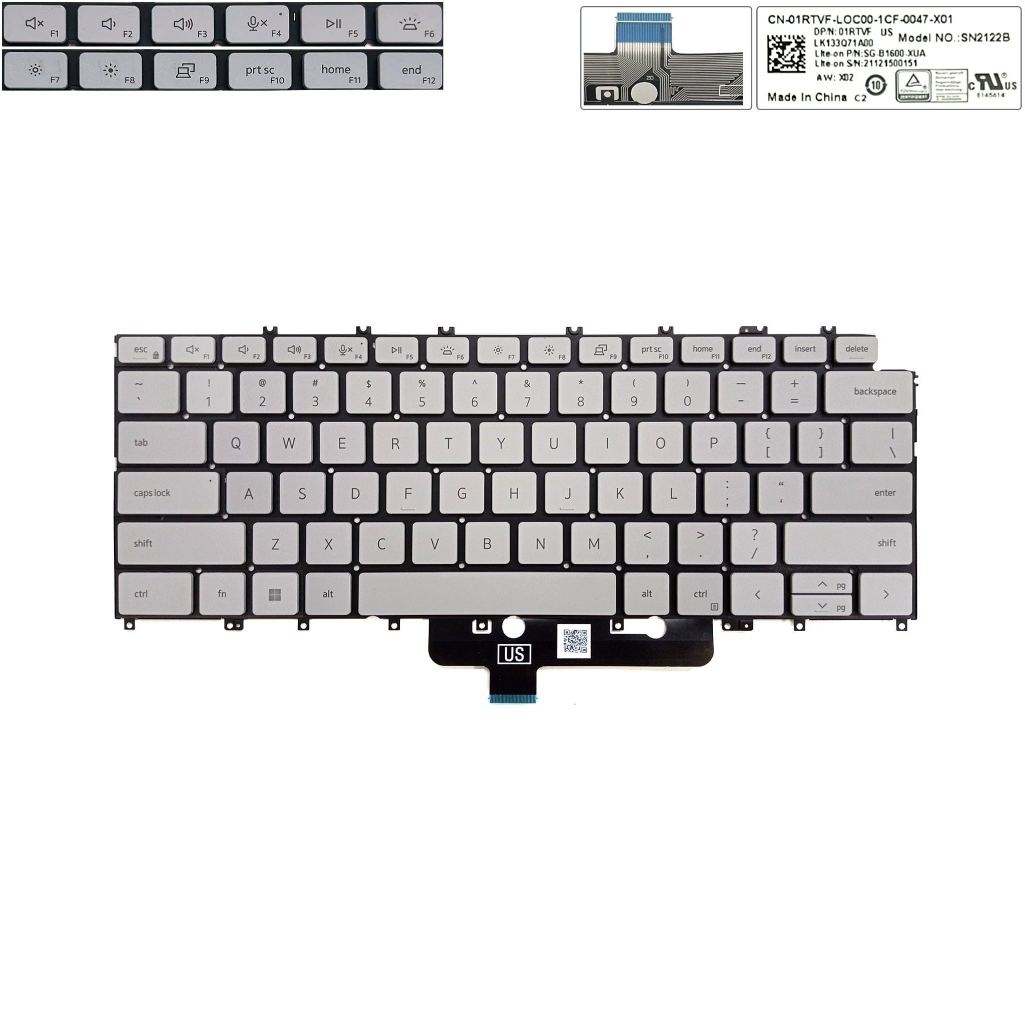  Bàn phím Dell XPS 9315 852-48171-00A US Phím bạc Chữ đen Đèn (ORG +) 