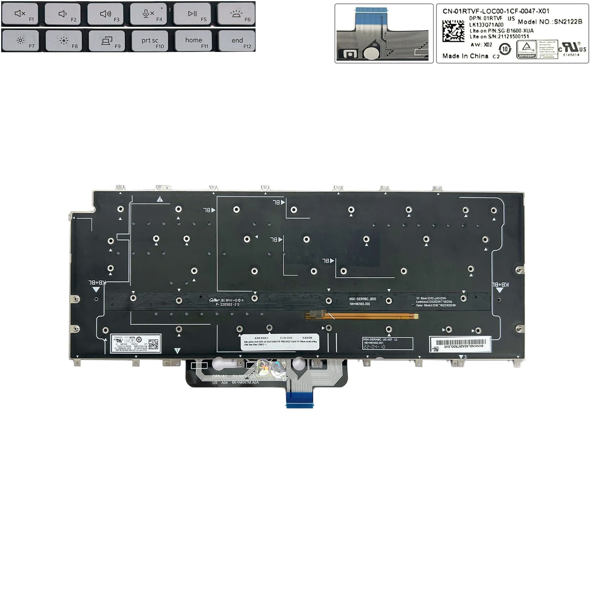  Bàn phím Dell XPS 9315 852-48171-00A US Phím bạc Chữ đen Đèn (ORG +) 