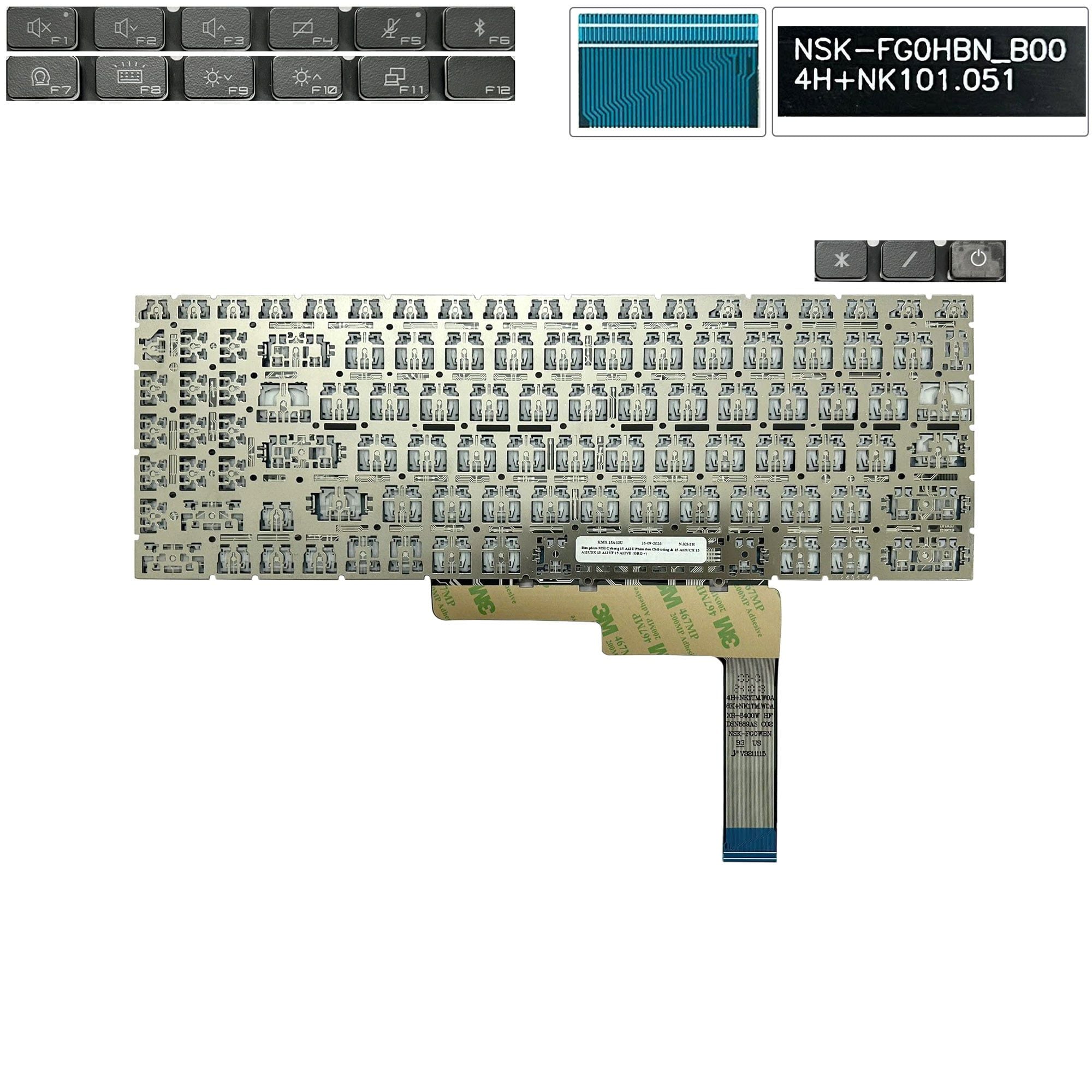  Bàn phím MSI Cyborg 15 A12U US 4H+NK101.051 Phím đen Chữ trắng Đèn Số Nút nguồn Không khung & Cyborg 15 A12UCX 15 A12UDX 15 A12VF 15 A12VE (ORG +) 