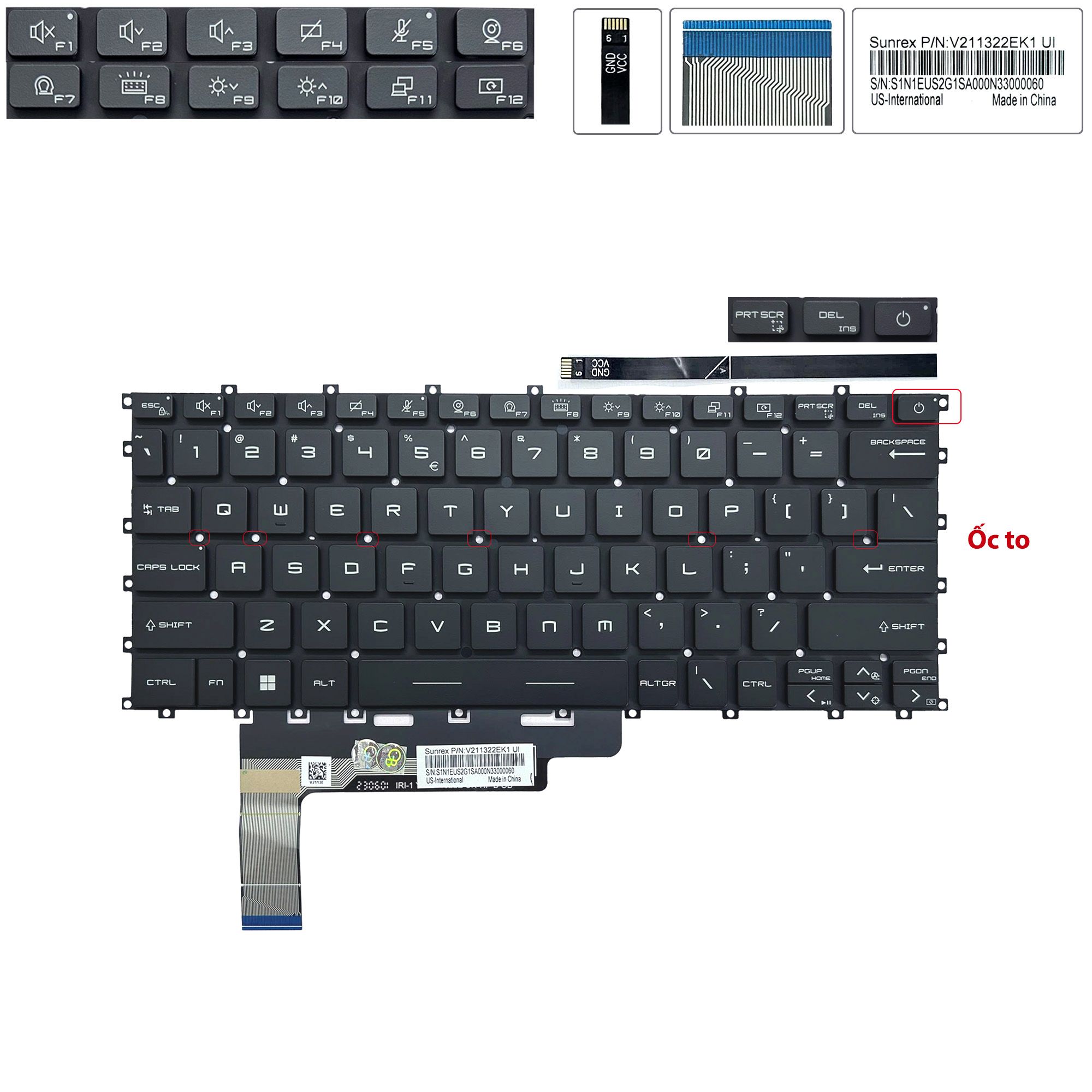  Bàn phím MSI Stealth 14 Studio A13VF MS-14K1 US V211322EK1 Phím đen Chữ trắng Đèn Nút nguồn Không khung Tai ốc to & MSI Modern 14 C5M C11M Stealth 14 Studio MS-14K1 2023 (ORG +) 