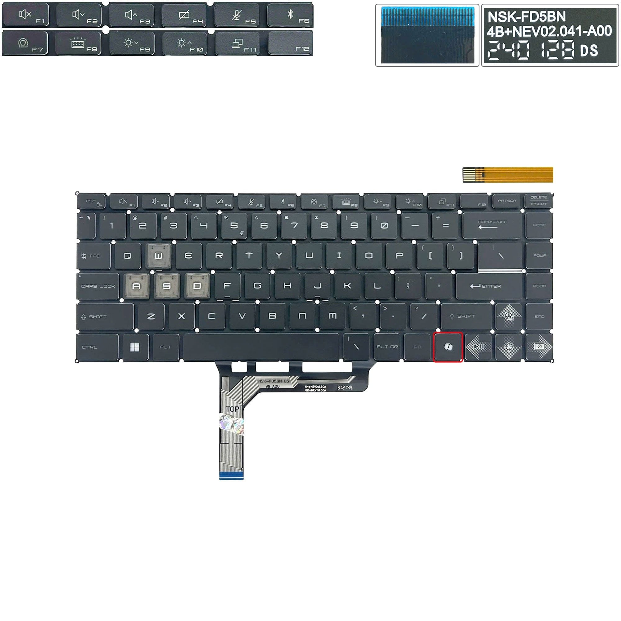  Bàn phím MSI Thin 15 B13VE US NSK-FD5BN A00 Phím đen Chữ trắng Đèn Led màu xanh Nút AI Không khung & Thin 15 B12UC B12VE B13UC B13UDX B2RVE MS-16R8 (ORG +) 