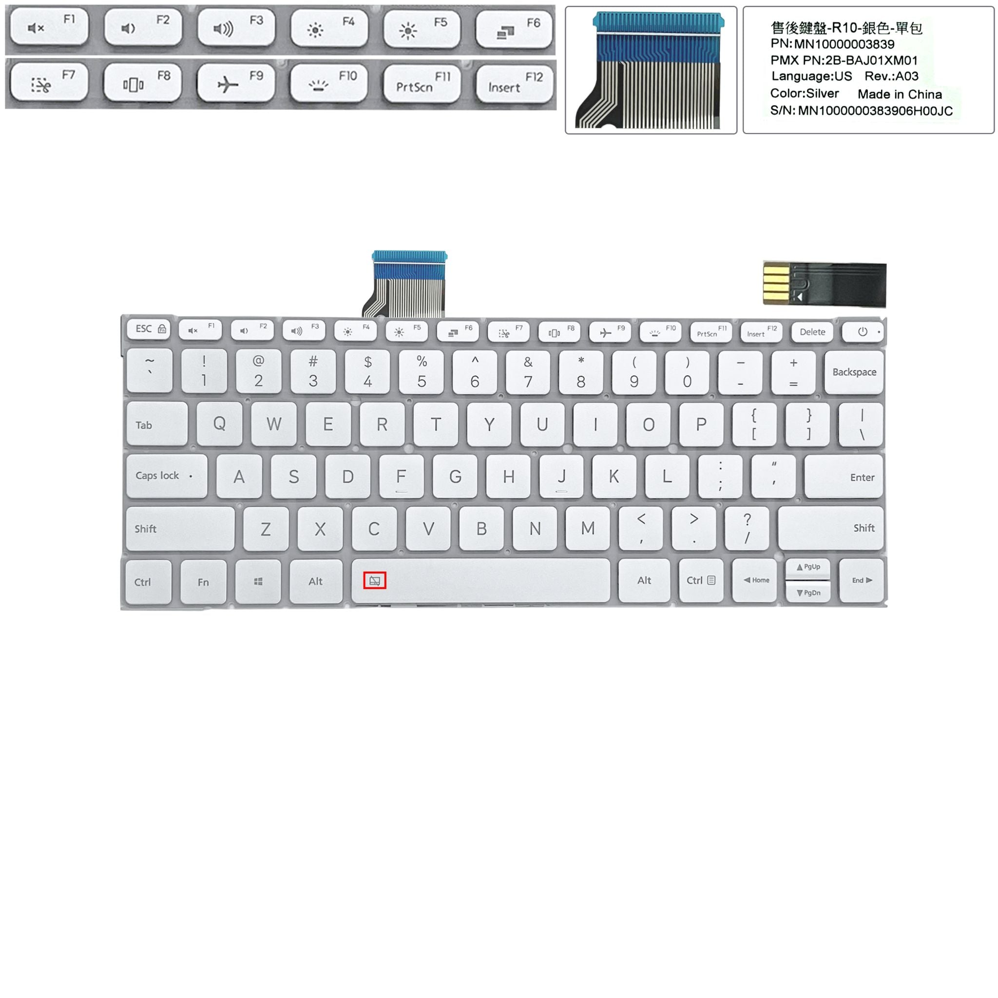  Bàn phím Xiaomi Mi Notebook Air 12.5 US Phím bạc Chữ đen Đèn Không khung Nút nguồn (ORG +) 