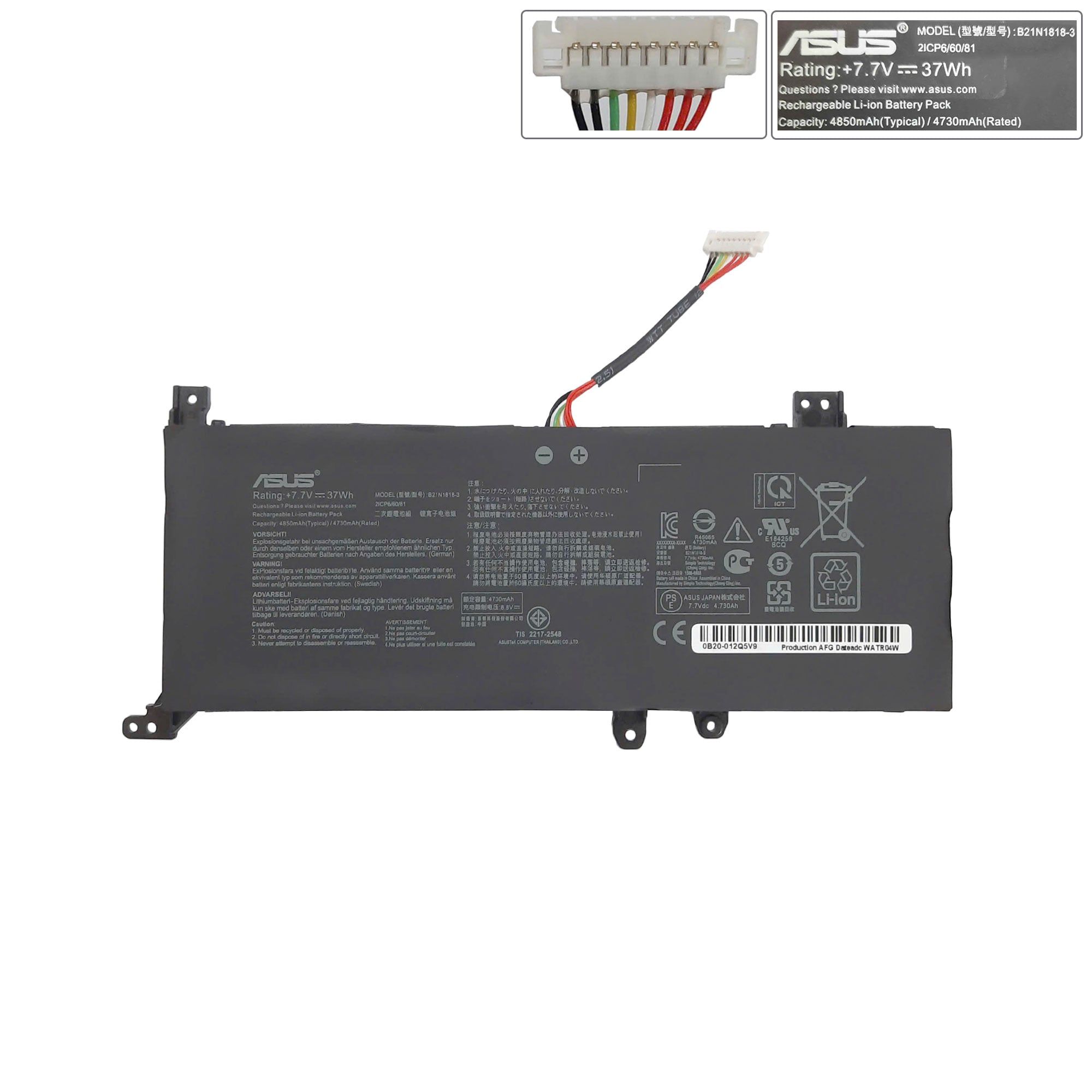  Pin Asus VivoBook X509 Usb C B21N1818-3 7,7V 37Wh 4850mAh & X509MA X509Japan A409UA X412 X412F X412FA X412FJ (ORG +) 
