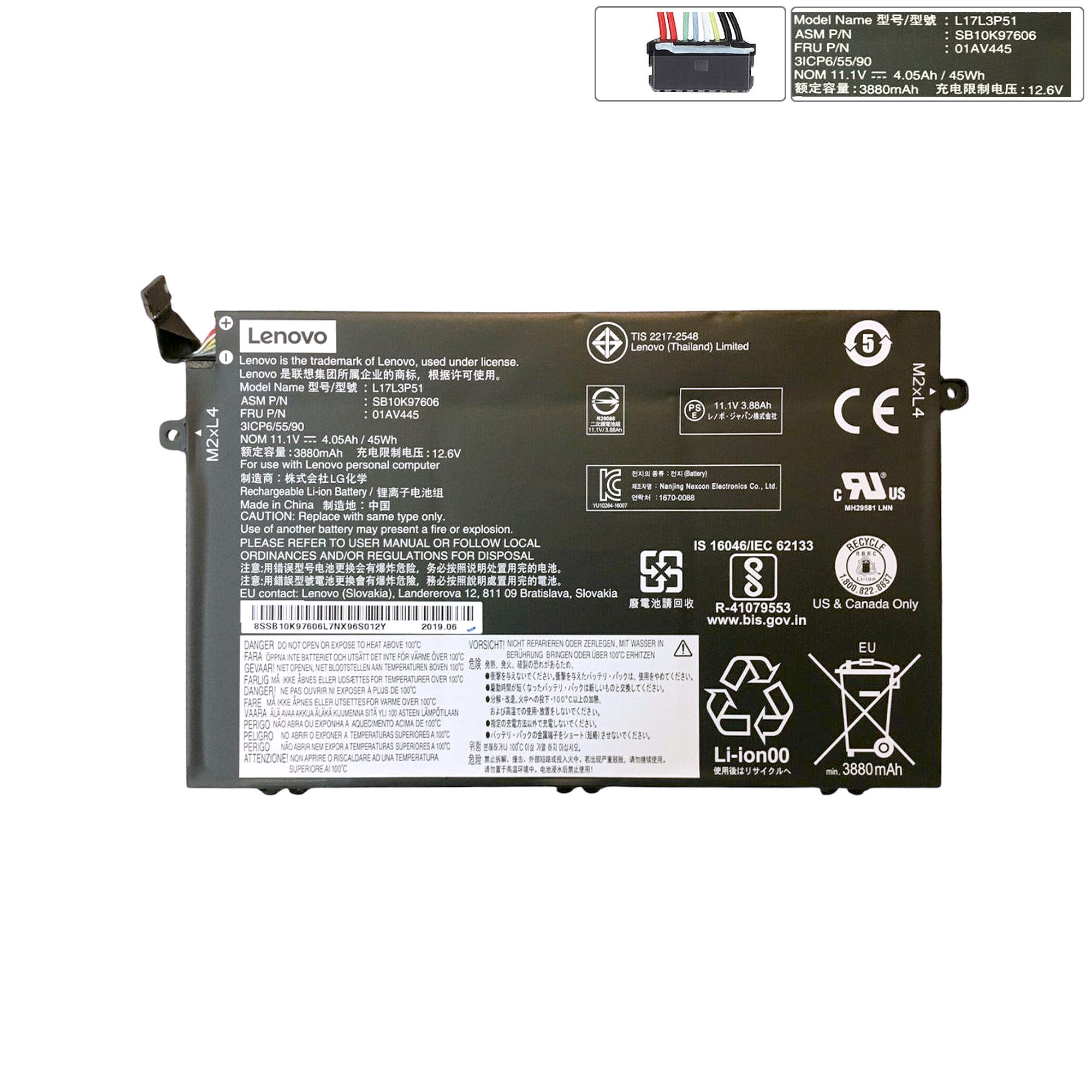 Pin Lenovo ThinkPad L480 L17L3P52 11.1V 4050mAh & L580 L490, L590, L14 Gen 1, L15 Gen 1 01AV463, 01AV464, L17M3P54, L17L3P54, L17C3P52, SB10K97610 (ORG +) 