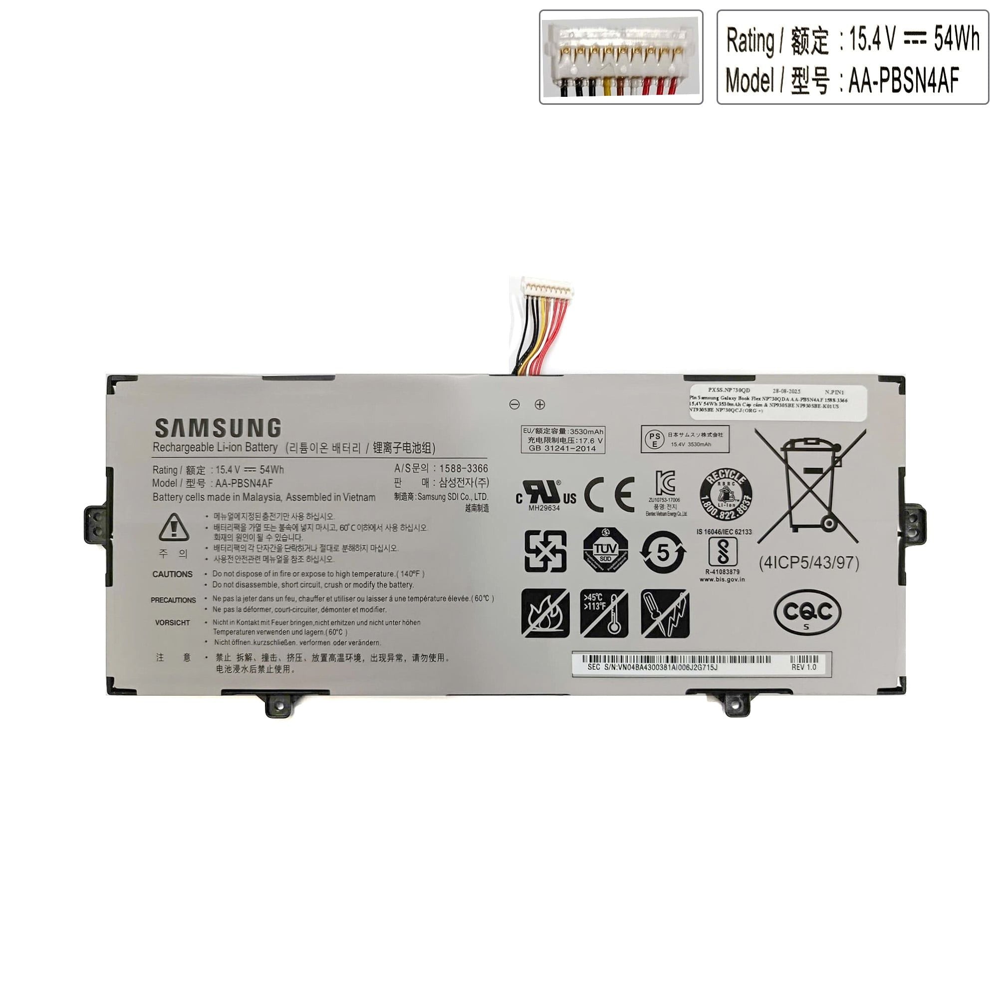  Pin Samsung Galaxy Book Flex NP730QDA AA-PBSN4AF 1588-3366 15,4V 54Wh 3530mAh Cáp cắm & NP930SBE NP930SBE-K01US NT930SBE NP730QCJ (ORG +) 