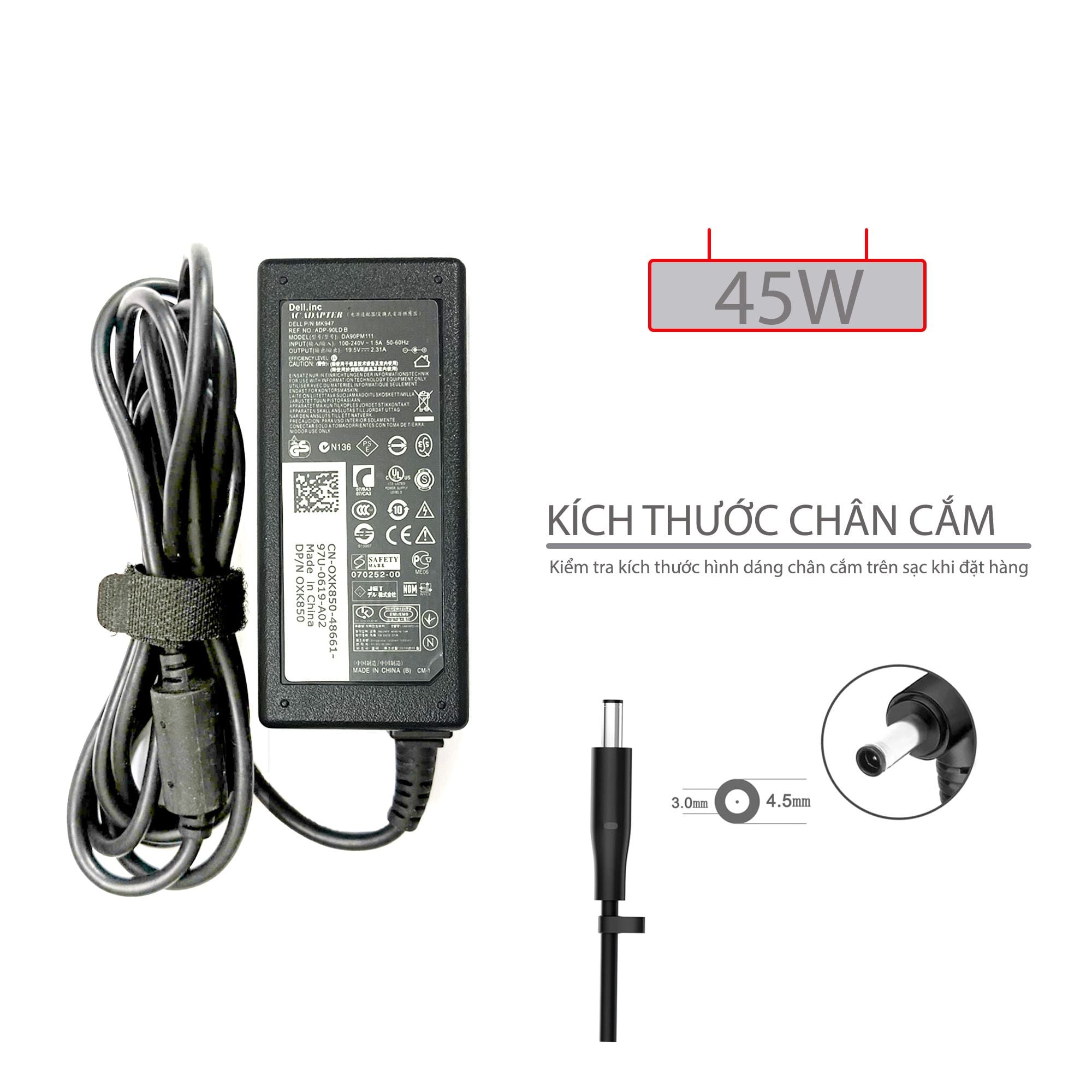  Sạc Dell 45W 19V 2.31A chân 4.5x3.0 kim nhỏ hình chữ nhật & Inspiron 3147 3148 3168 5378 7348 7352 3452 3451 3458 5378 5368 3552 3558 3568 3559 3551 3555 (HCP +) 
