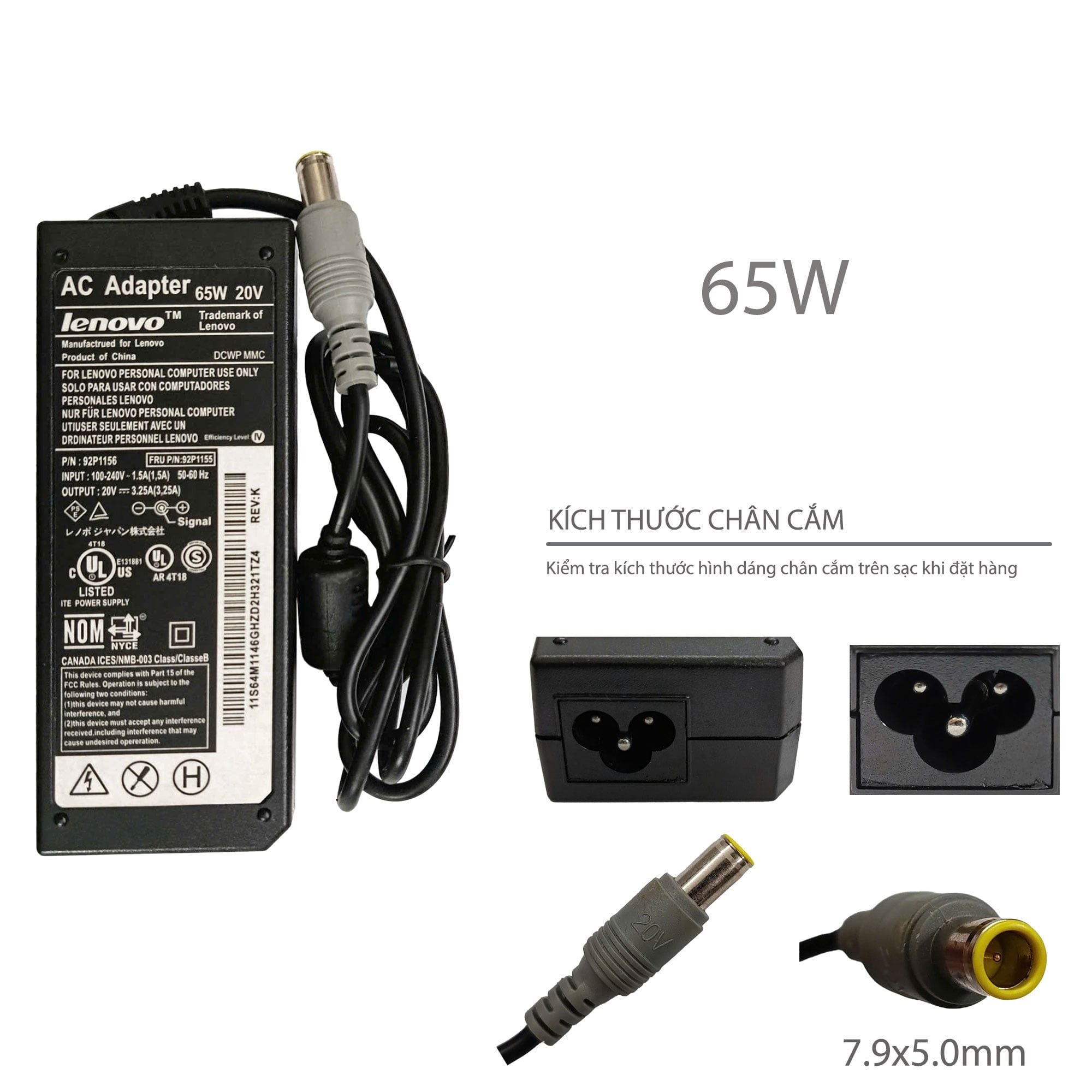  Sạc Lenovo 65W 20V 3.25A chân 7.9x5.0 kim to hình chữ nhật & T410 T420 T430 (HCP +) 
