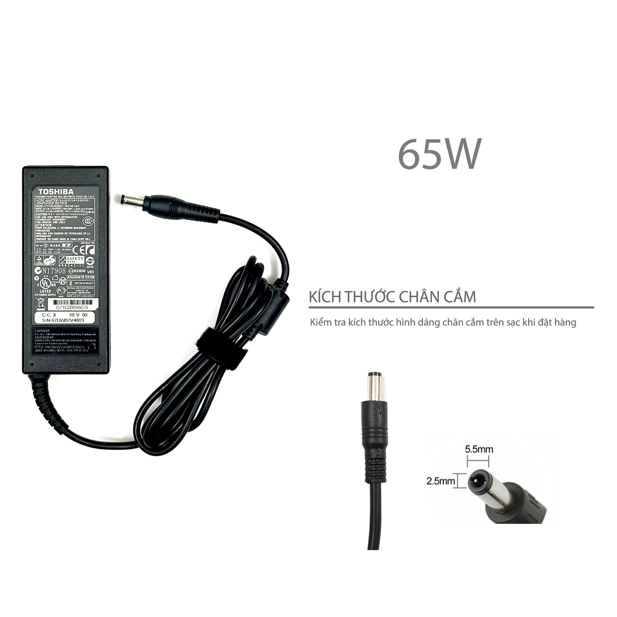  Sạc Toshiba 65W 19V 3.42A chân 5.5x2.5 hình chữ nhật & A10 A200 A300 C640 (HCP +) 