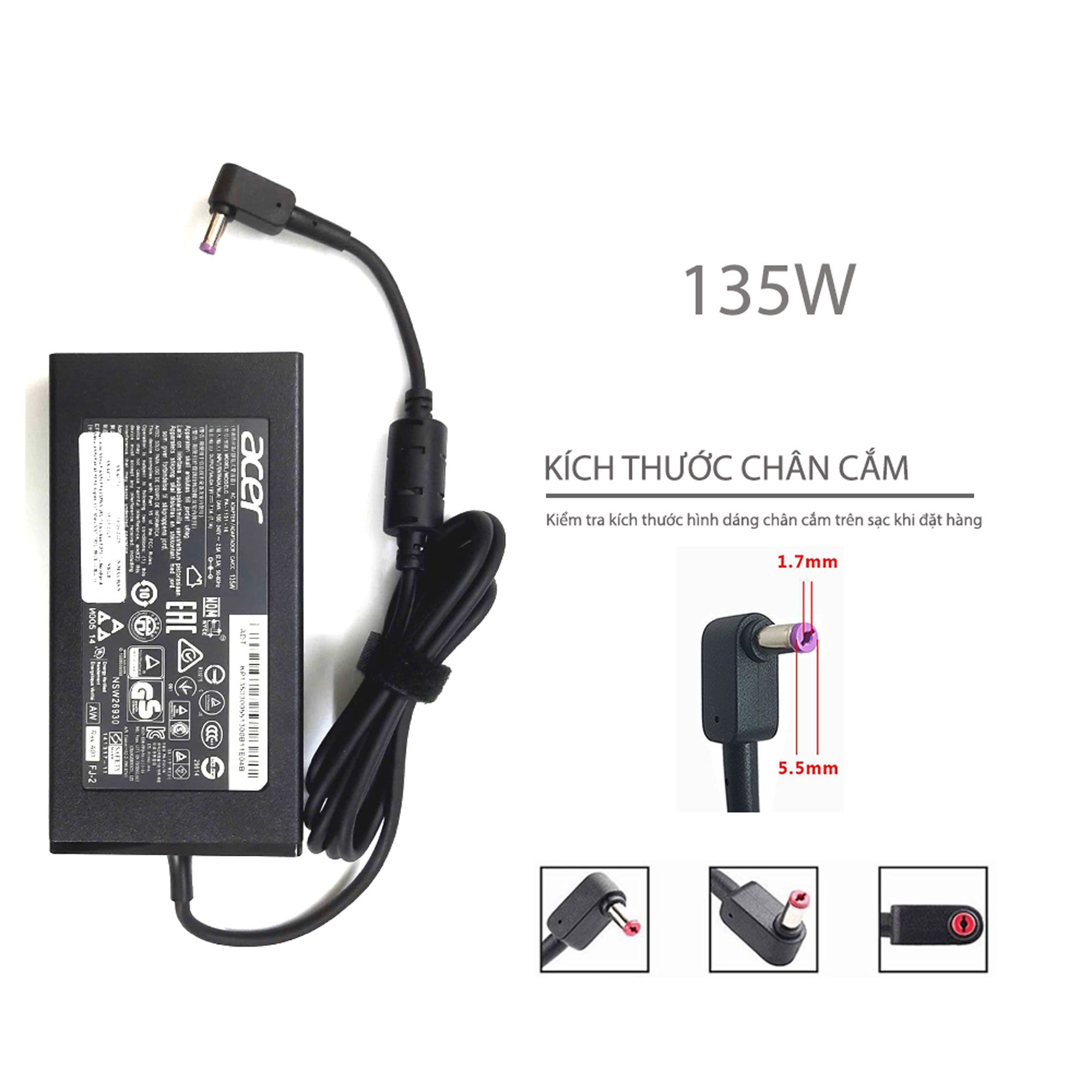  Sạc Acer 135W 19V 7.1A chân 5.5x1.7 hình chữ nhật & Nitro 5 AN515 51 Nitro AN515 41 43 52 53 Aspire V17 Nitro VN7-792G-59CL (ORG +) 
