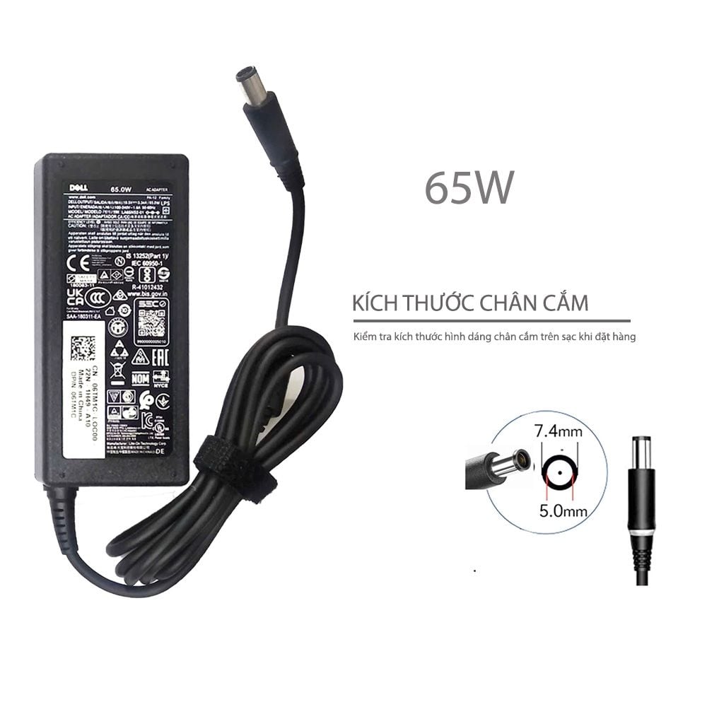  Sạc Dell 65W 19.5V 3.34A chân 7.4x5.0 kim to hình chữ nhật & Dell inspirion 3521 3531 3537 3541 3542 3543 5542 5543 5545 5547 5548 5580 (ORG +) 