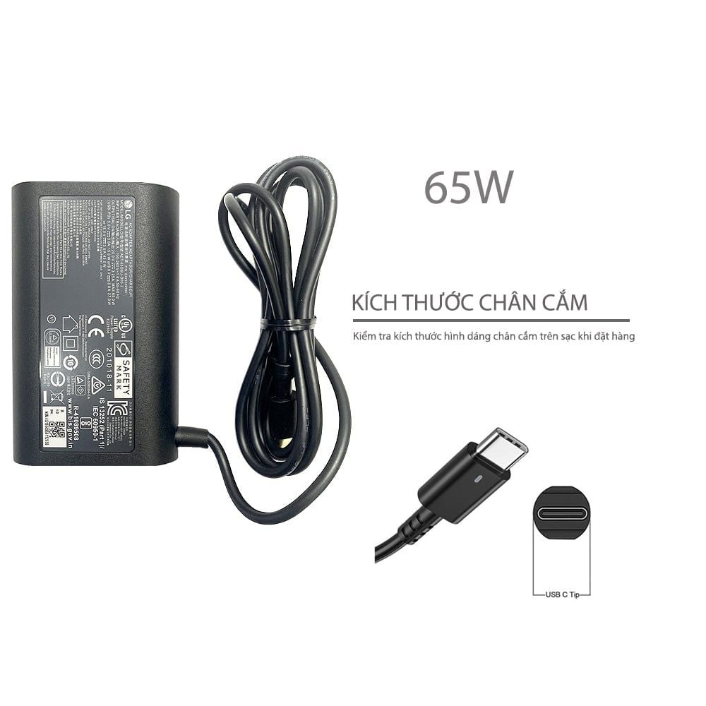  Sạc LG 65W 20V 3.25A chân Usb C hình Oval màu đen & LG Gram 16Z90P 17Z90P-G AA74C (ORG +) 