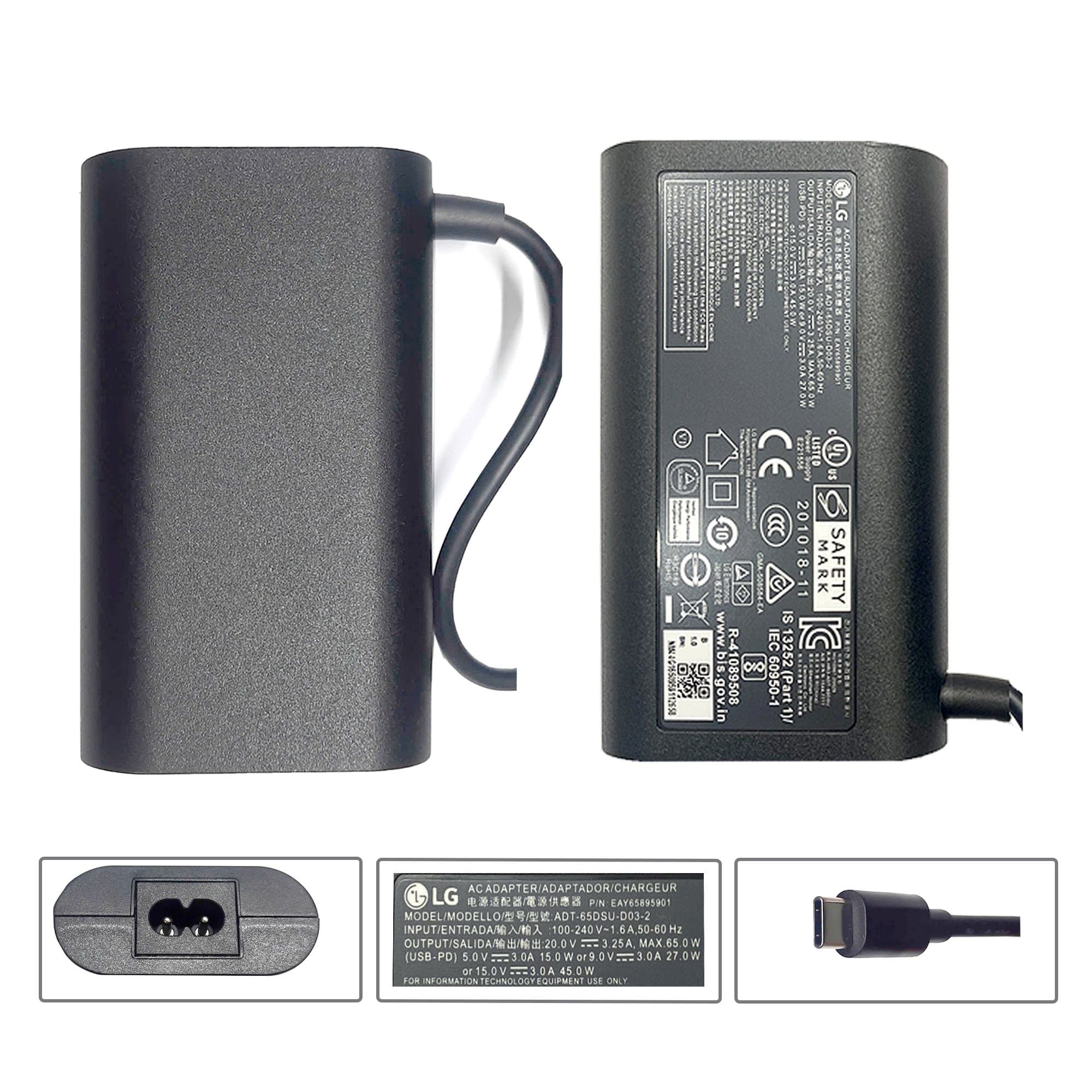  Sạc LG 65W 20V 3.25A chân Usb C hình Oval màu đen & LG Gram 16Z90P 17Z90P-G AA74C (ORG +) 