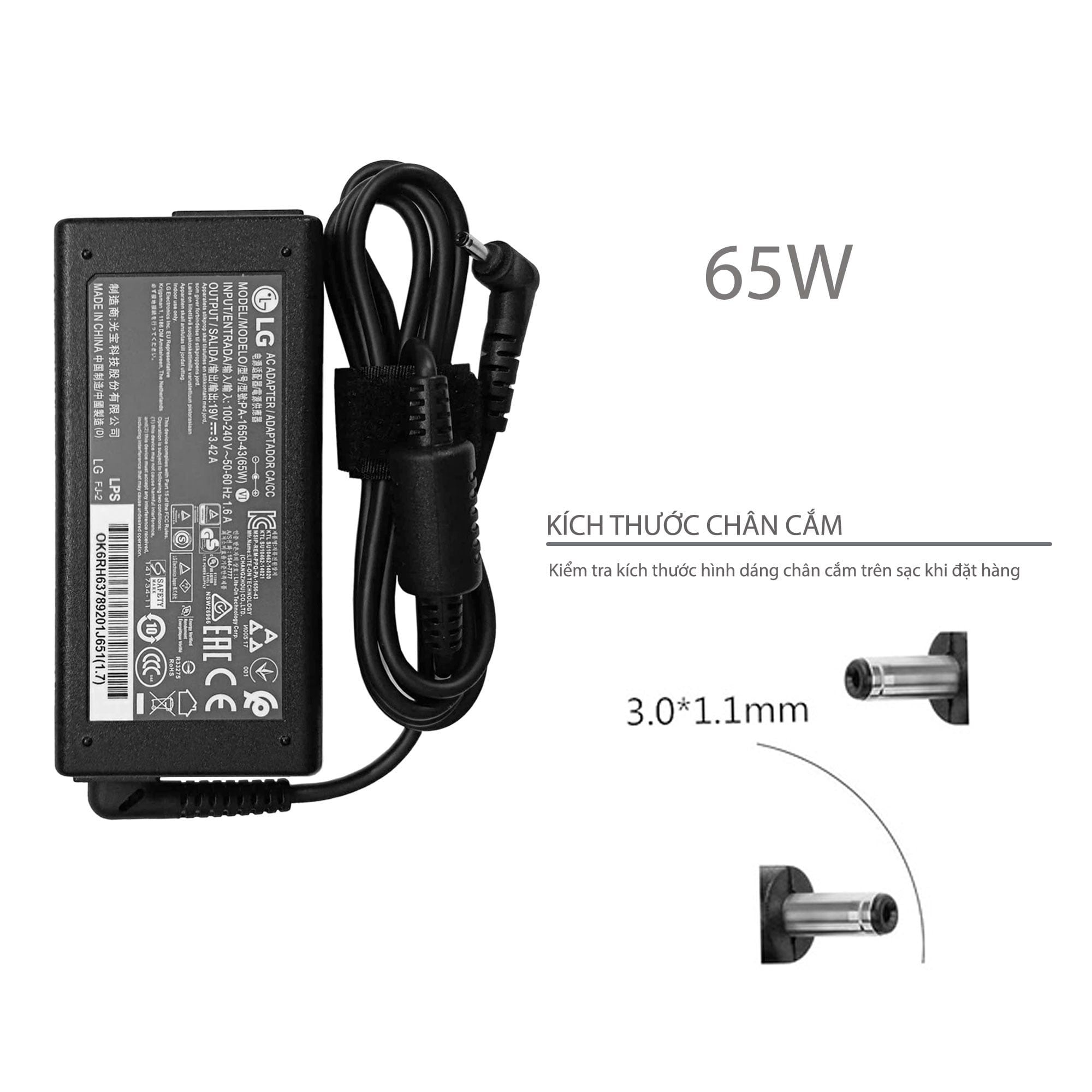  Sạc LG 65W 19V 3.42A chân 3.0x1.1 hình chữ nhật màu Đen & LG Gram 14Z970 15ZD980 (ORG +) 