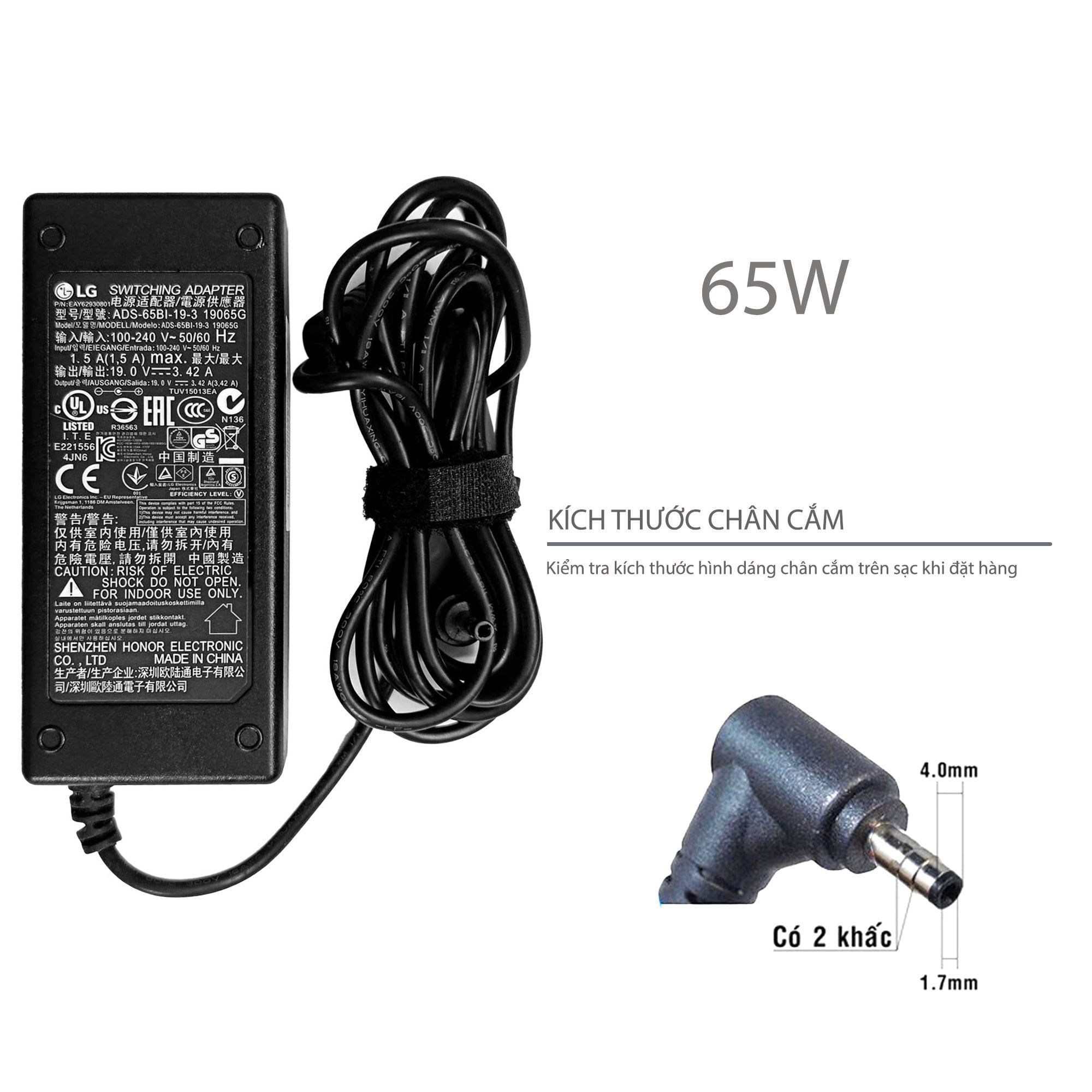  Sạc LG 65W 19V 3.42A chân 4.0x1.7 2 khấc hình chữ nhật & LG 14 U450 U460 U560 U460-G U460-K U460-M UD460 UD560 15U530 15N530 15ND530 14U530 Z160 Z360 (ORG +) 