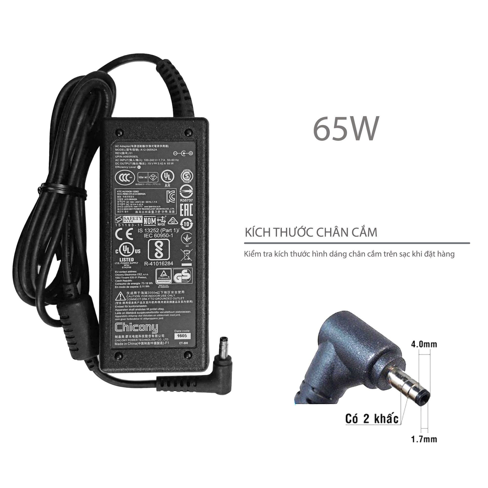  Sạc LG 65W 19V 3.42A chân 4.0x1.7 khấc hình chữ nhật & Chicony 15U50P 15UD50P 15U590 15UD590 LG15U49 LG15U59 LG15U47 LG15U48 (ORG +) 