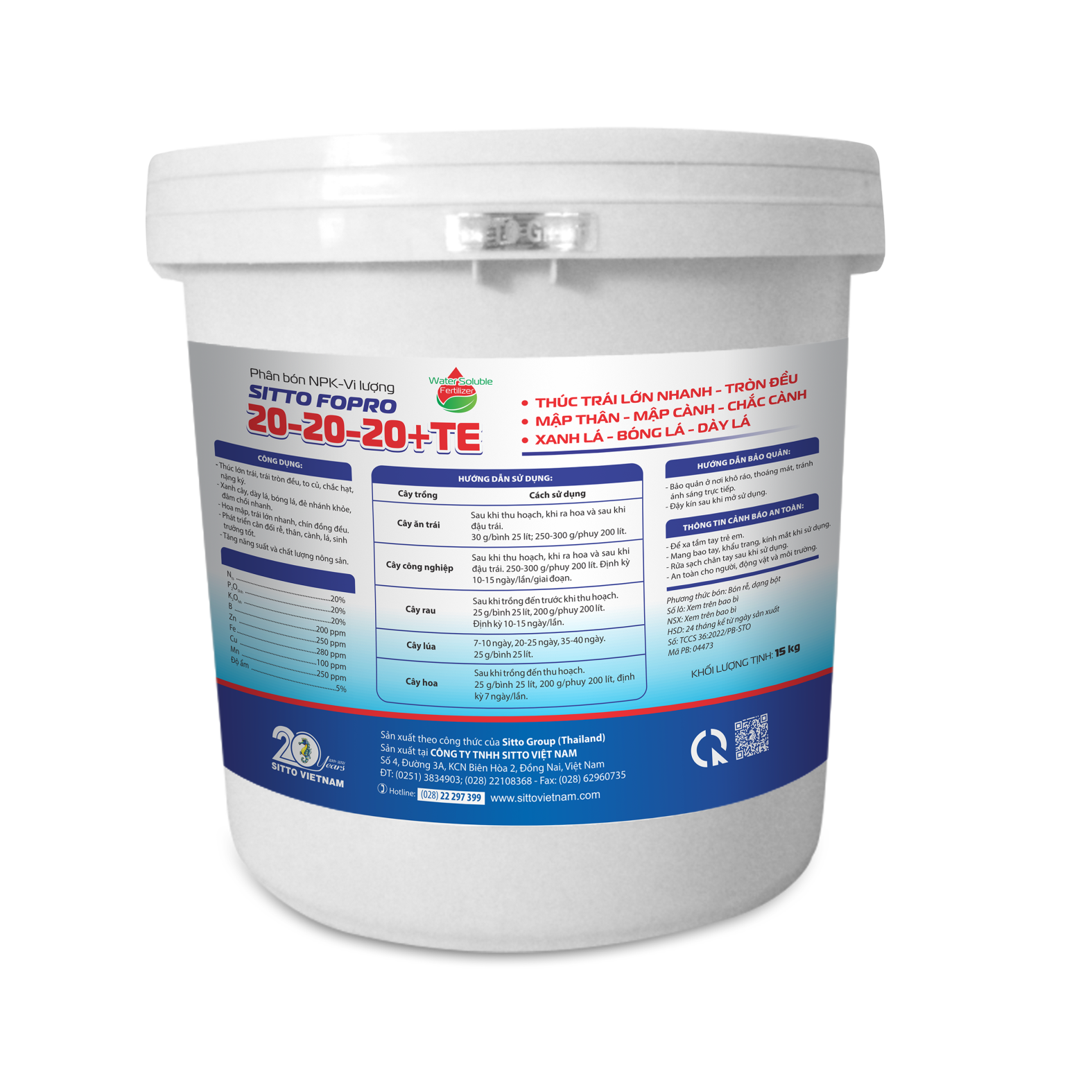  Phân bón NPK-Vi lượng SITTO FOPRO 20-20-20+TE (Xô 15kg) 