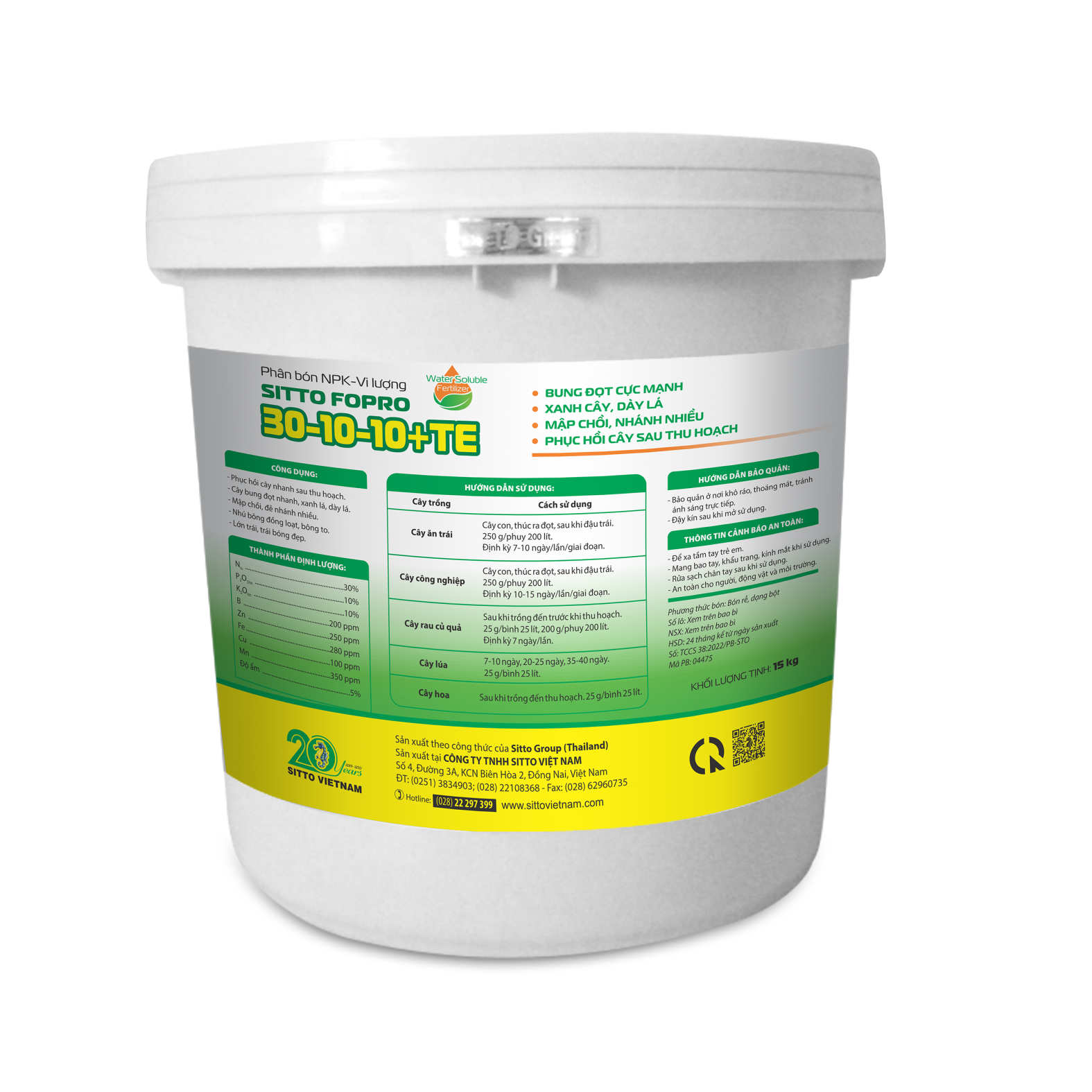  Phân bón NPK-Vi lượng SITTO FOPRO 30-10-10+TE (Xô 15kg) 