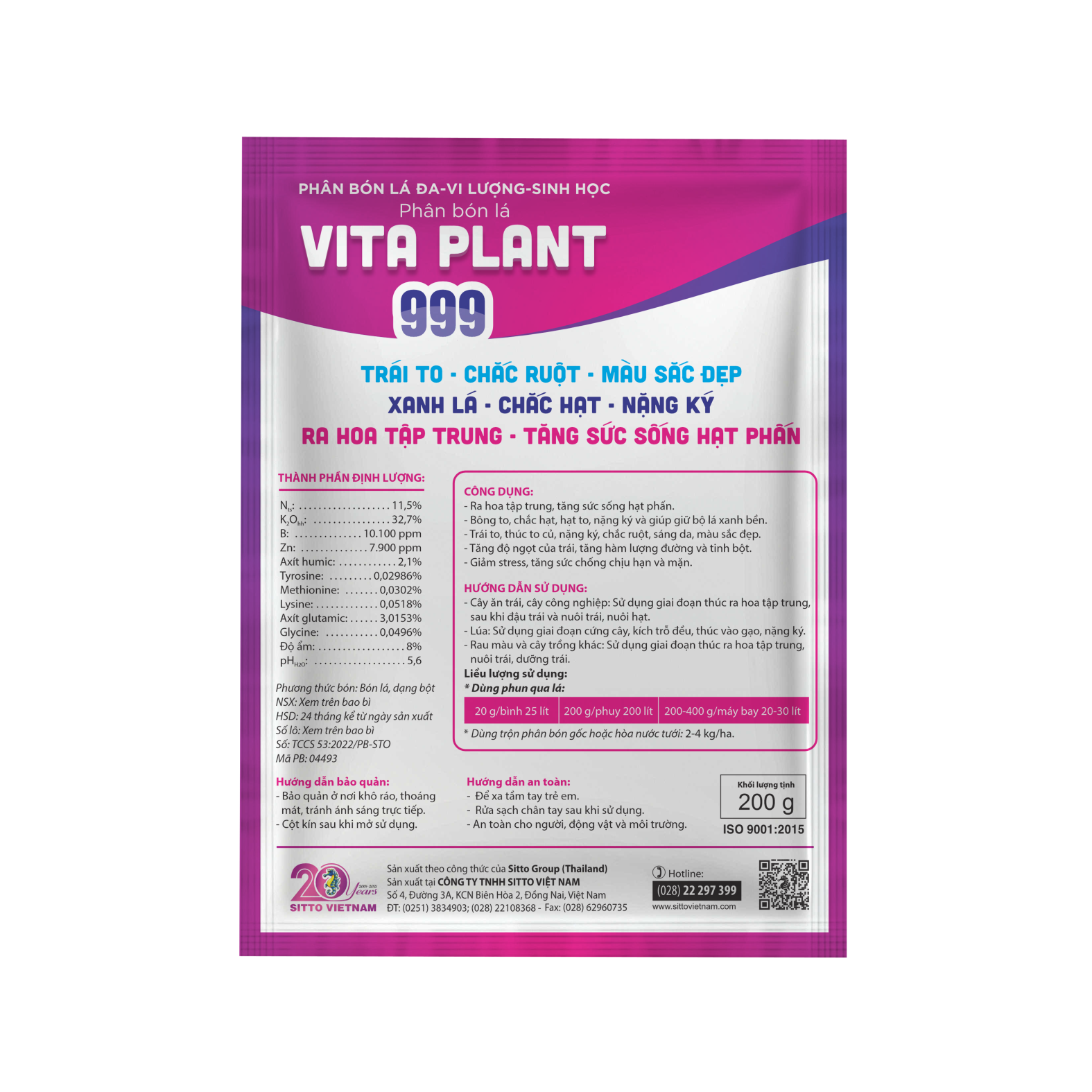  Phân bón lá Sitto VITA PLANT 999 (Gói 200g) 