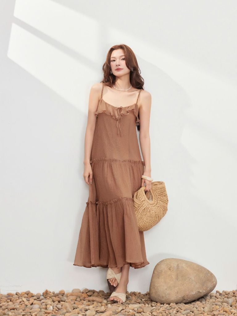 Đầm Nữ KIDLAT Hai Dây Form Maxi Xòe Chất Tơ Mềm Phối Bèo Đi Biển, Dạo Phố GOUT DE JUN