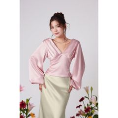 Áo Lụa Nữ Cổ V Xếp Li Vai Tay Dài - AMOURS TOP - GOÛT DE JUN