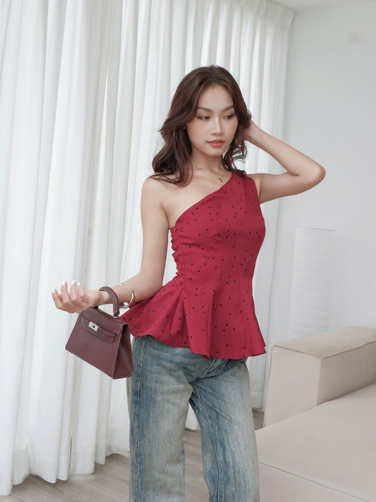Áo Nữ GAPESS  Chấm Bi Lệch Vai Tôn Dáng GOUT DE JUN