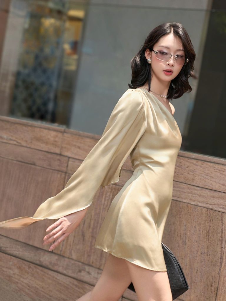 Đầm Lụa Nữ REDONG Lệch Vai Ôm Dáng Form Ngắn Nữ Tính GOÛT DE JUN