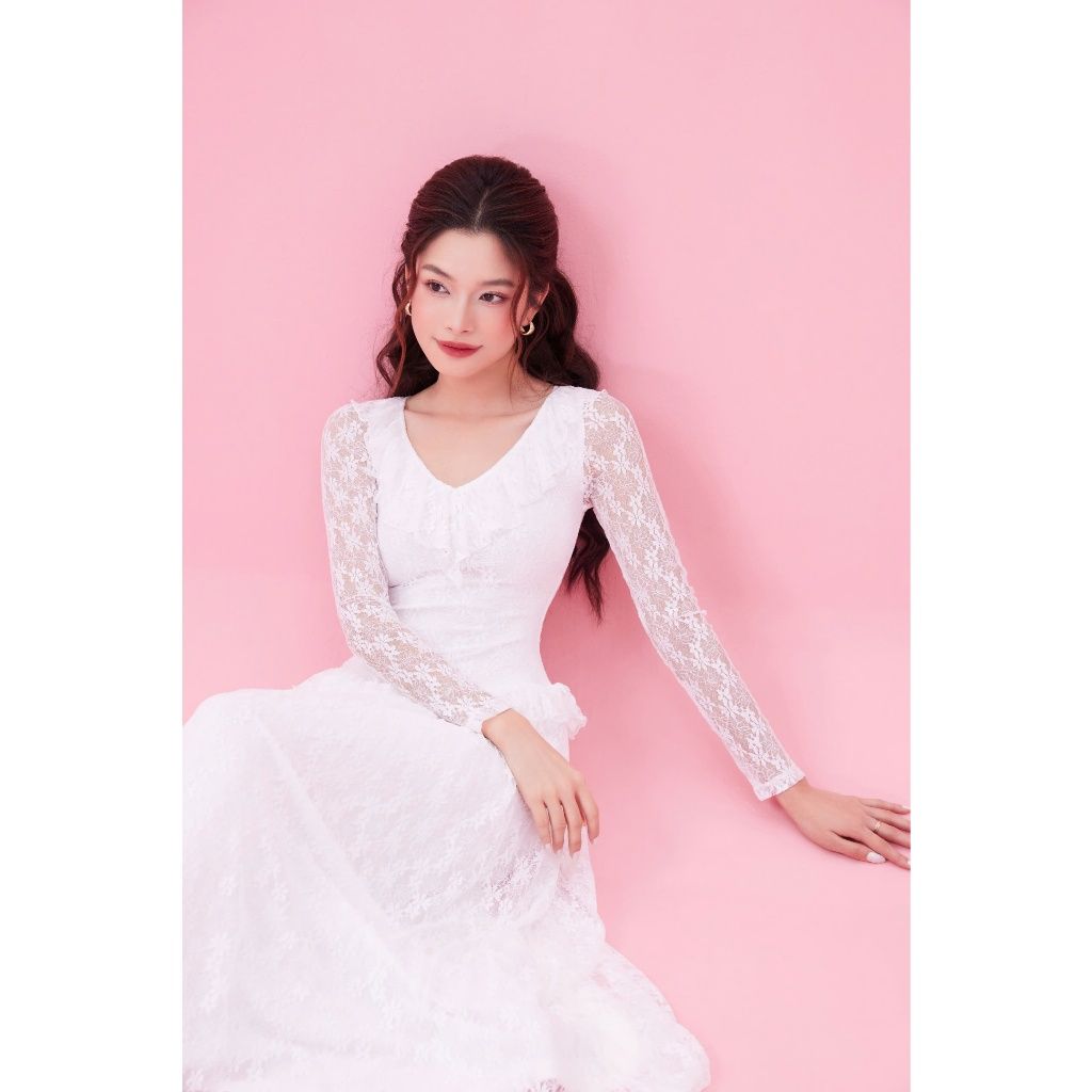 Đầm Xòe Dự Tiệc Tay Dài Viền Bèo Phối Ren Sang Trọng - LEWIS DRESS - GOÛT DE JUN