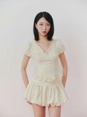 (Bán Lẻ) Set Nữ DREASY Áo Tay Phồng Chấm Bi Cổ Chữ V Và Chân Váy Bí Dễ Thương  GOÛT DE JUN