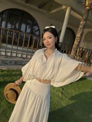 (BÁN LẺ) Set Nữ AGREC Áo Croptop Tay Dơi Cổ Bèo Phối Chân Váy Dài Nữ Tính GOÛT DE JUN