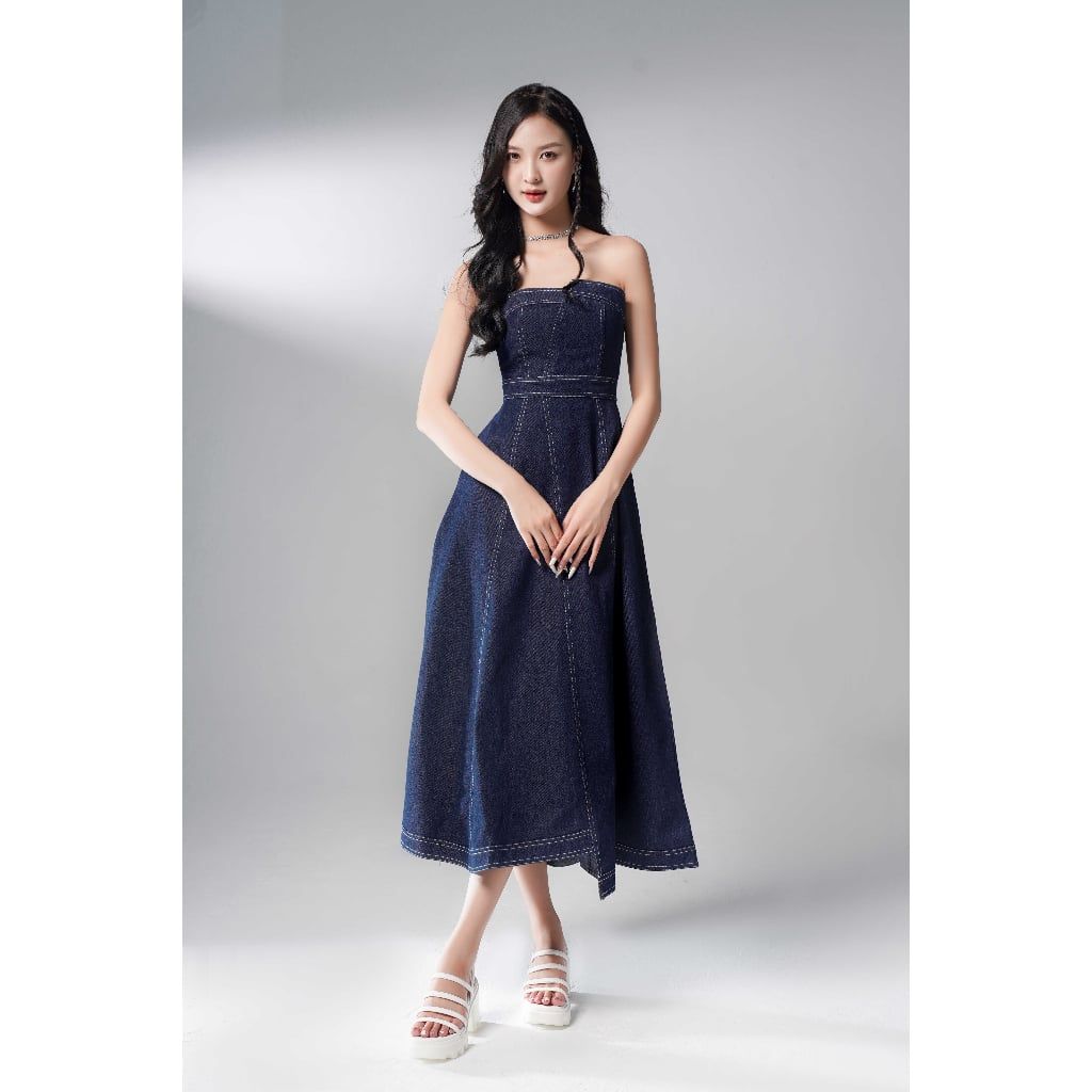 Đầm Demin Dài Dáng Xòe Cúp Ngực Chiết Eo Phong Cách Hàn Quốc - DACY DRESS - GOÛT DE JUN