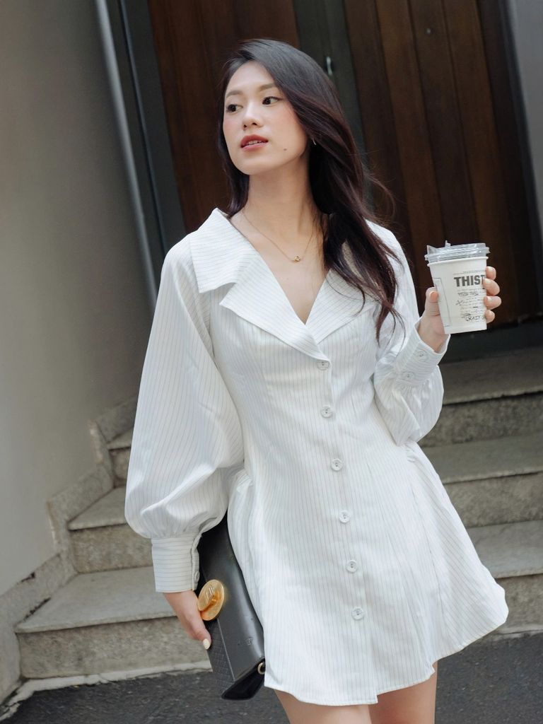 Đầm Nữ TICHAR DRESS Cổ Sơ Mi Họa Tiết Sọc Phối Tay Bồng Thanh Lịch  GOÛT DE JUN