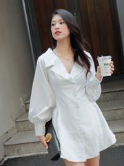 Đầm Nữ TICHAR DRESS Cổ Sơ Mi Họa Tiết Sọc Phối Tay Bồng Thanh Lịch  GOÛT DE JUN