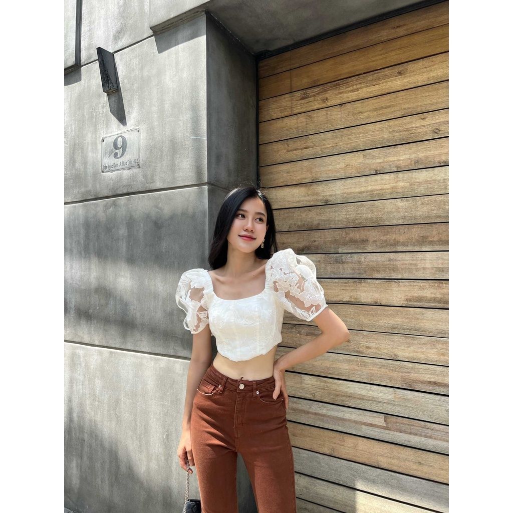 GOÛT DE JUN - Áo Croptop nữ tay phồng họa tiết hoa - Jiso Top
