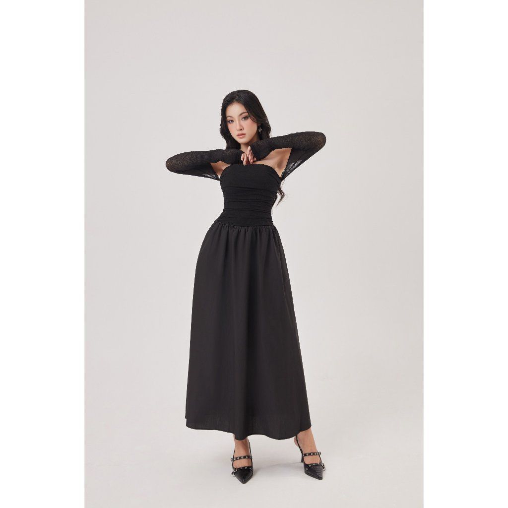 Đầm Nữ Trẽ Vai Form Dài Nhún Ngực Năng Động - LANEY DRESS - GOÛT DE JUN