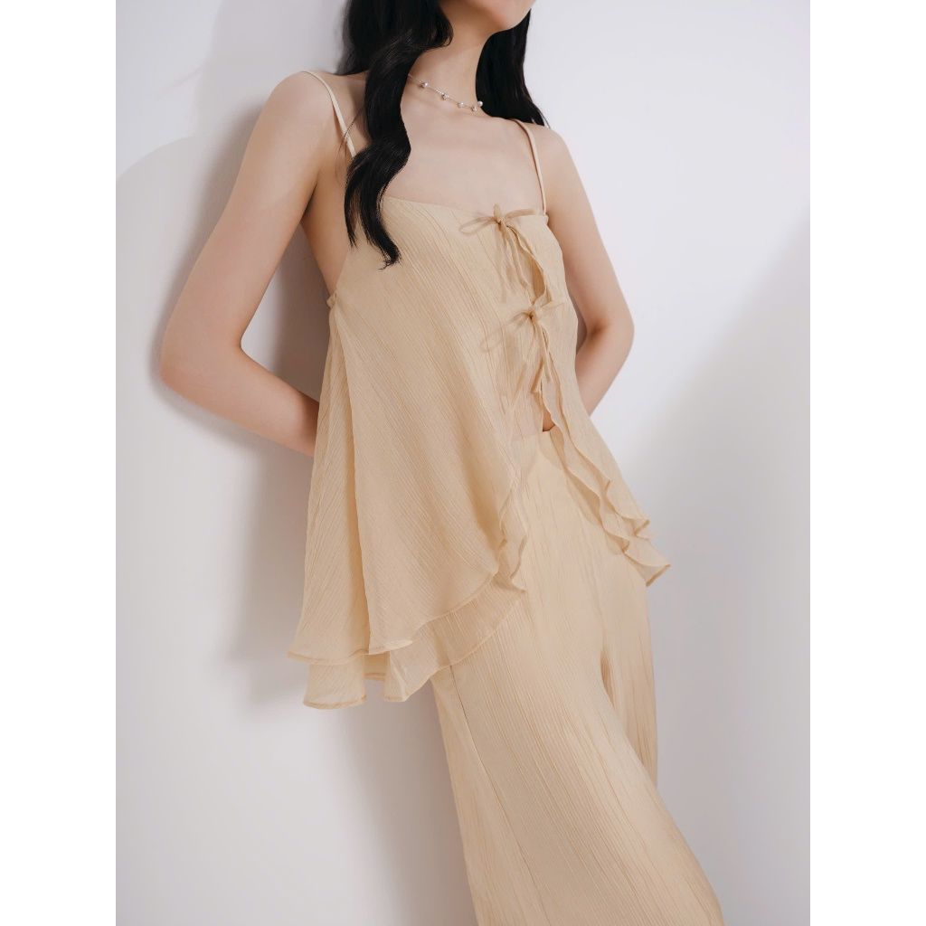 Set Áo Nữ Mùa Hè Hai Dây Bèo Xòe Đính Nơ và Quần Dài Ống Rộng - JOAN SET - GOÛT DE JUN